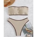Zweiteiliger trägerloser Bikini in Beige mit Wellenstruktur und braunen Details - S / Beige Mit Braunem Besatz