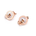 Rose gold Roman numeral stud earrings with white shell inlay in double ring design - Rose Gold