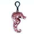 Pink sequin seahorse keychain with reflective fish scale texture and black plastic hook - Seahorse