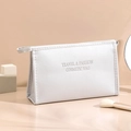 Silver-grey PU leather cosmetic bag with Travel & Fashion text and top zipper - Silver-Medium