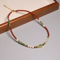 2mm natural tourmaline rainbow necklace with red, green beads and a central green pendant - XL0055 Red Green Beads with Pearl