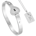 Silver stainless steel heart lock bracelet and key necklace set with white rhinestones - With Diamond Square Tag / Steel