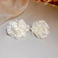 Close-up of elegant white satin floral earrings with a glossy finish on silk fabric - 84# Silver Needle-White-Flower