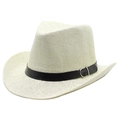 Breathable cream straw cowboy hat with black leather band and metal buckle for summer - M(56-58cm) / Cream