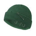 Detailed knit texture of dark green beanie with silver pin and metal rings design - 55-58cm / Dark Green