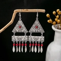 Bohemian vintage hollow silver earrings with red beads and long leaf tassel charms - Antique Silver + 3-layer Red Beads + Leaf (E3306/Red)