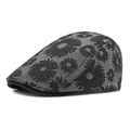 Detailed side view of a grey vintage beret hat featuring intricate floral daisy patterns - Adjustable / Black