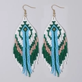Bohemian style long beaded fringe earrings with green and blue geometric pattern - Green Sky Blue Pink White