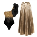 Gouden pailletten badpak met één schouder en een lange geplooide rok set - S / Eén schouder eendelige set