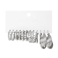 6-pair silver geometric earrings set with faux pearls on a fashion jewelry display card - 6 Pairs Set-Silver Pearl Chain Spiral