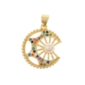 Detailed close-up of a gold celestial pendant with multicolor gemstones and white pearl - Moon Sun Pearl