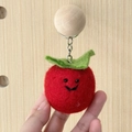 Handmade red wool felt apple keychain with smiling face and green leaf detail - Salary Bonus Apple