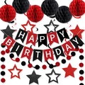 Detail of red and black 25th birthday decorations with honeycomb balls and banner - Banner Honeycomb Star Hanging Set / Black Red