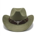 Chapeau de cowboy en daim vert armée avec bandeau en cuir et emblème de tête de taureau - M (56-59cm) / Vert Militaire