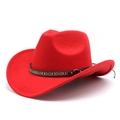 Detail of red wool felt cowboy hat featuring ethnic embroidery on a leather band - M (56-58cm) / Red