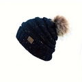 Bonnet en tricot bleu marine avec points colorés et pompon en fausse fourrure - Bleu Marine