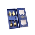 Golden Christmas stainless steel spoons gift set with snowman and tree motifs - Snowman + Christmas Tree / Blue Gift Box 2-Piece Set / Gold