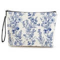 Neceser de lona crema con motivos florales azules y cierre de cremallera negra elegante - Flor Azul / Lino Fino 17x25cm