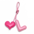 Detail of pink leather heart and letter L bag charm with fine handmade stitching - Pink L with Rose Red Heart