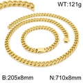 Ensemble chaîne cubaine dorée en acier inoxydable avec collier et bracelet sur fond blanc - Ensemble Couleur Or 8mm (KS141864-Z)