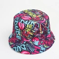 Detail of colorful 80s 90s graffiti print on a reversible cotton bucket sun hat - One Size (58cm) / SUPER Graffiti Print