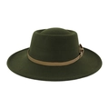 Close-up of the dark green wool fedora hat with a brown leather buckle strap detail - One Size(58cm) / Army Green