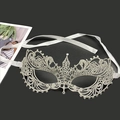 Detailed view of silver grey lace mask with rhinestones and white satin ribbons - One Size / Silver (Ribbon)