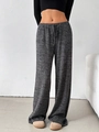 Detailed texture of dark grey ribbed knit fabric on high waist wide leg pants - S / Bottoms / Black