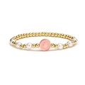 Golden beads and white pearls elastic bracelet featuring a pink enamel Hamsa palm charm - Pink