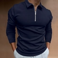 Navy blue men's long sleeve polo shirt with vertical stripes and quarter zip collar - S / Tops / Navy Blue