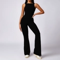 Black slim fit yoga jumpsuit with sleeveless tank top and flared leggings design - S / Premium Black