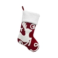 Red velvet Christmas stocking with white embroidered reindeer and faux fur cuff - Deer