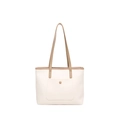 Minimalistische beige Tragetasche mit hellbraunen Griffen und Druckknopftasche - Weiß
