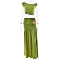 Detailed view of women's green two-piece set with golden leaf ornament on long skirt - S / Green
