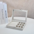 Beige Schmuckschatulle aus Samt mit Glasdeckel für Ringe und Ohrringe Aufbewahrung - 9 Gitter / Gebrochenes Weiß