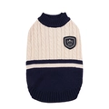 Pet knit sweater in cream and navy blue with cable pattern and bear patch - S / Navy Blue