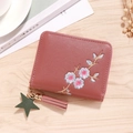 Dusty rose short zip wallet for women with floral embroidery and star tassel detail - Deep Pink