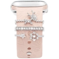 Close-up of reindeer and snowflake silver charms on pink floral silicone watch band - Silver-Reindeer Snowflake Star-Pink Band