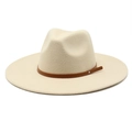 Detail of beige wide brim fedora hat featuring a brown leather band and metallic stud - M (56-58cm) / Beige