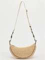 Beige geflochtene Halbmond-Schultertasche mit verstellbaren braunen Lederriemen - Natürliche Farbe