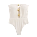 Weißer schulterfreier Body mit Cut-out-Front und goldfarbenen Perlen auf weißem Grund - S / Weiß