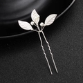Silver bridal hair pin with handcrafted leaves and pearls on a textured black background - HS-J5099 Single Silver Leaf Pearl Hair Pin