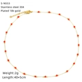 Detail view of gold-plated stainless steel necklace with red glass beads and size specs - Gold Chain Red Beaded Style (S-N553)