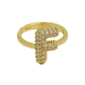 Adjustable golden ring with puffy bubble letter F and sparkling pave cubic zirconia - Adjustable Open / Gold-F