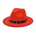 Detail of red fedora wool hat featuring a black leather band with silver studded rivets - M (56-58cm) / Orange Red