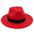 Detail of red wool fedora hat featuring a classic black ribbon bow on white background - One Size / Red