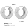 Orecchini a cerchio in acciaio inossidabile argento lucido da 15mm per donna - Stile Liscio Largo a Parete Spessa (EH401) / Argento