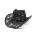 Black hollow weave cowboy straw hat with vintage leather band and wide jazz brim - M (56-58cm) / Black