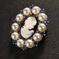 Vintage oval cameo brooch with white portrait, navy crystals and pearls, 4.0cm x 4.8cm size - Vintage Cameo Portrait Style (BR2171-1)