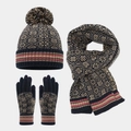 Set invernale in maglia con motivi a fiocco di neve: berretto, sciarpa e guanti blu scuro - Blu navy